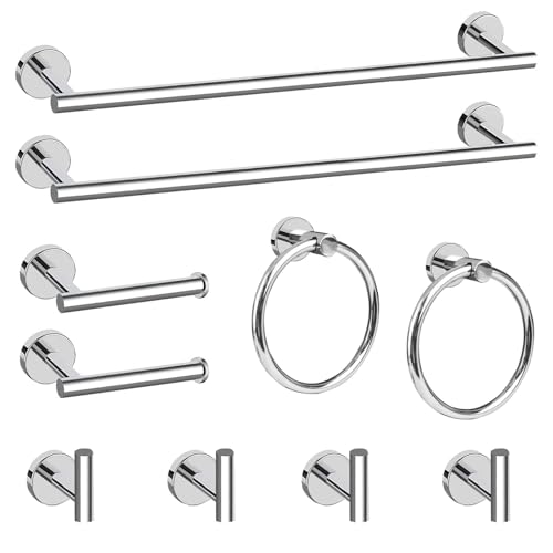 Cilee 10 Piece Chrome Bathroom Accessories Set, 24 inch Towel Bar Set | Polished Chrome Towel Bar Ring + Toilet Paper Holder + Robe Towel Hook, Stainless Steel Bathroon Hardware Set - color: B Chrome, size: 24inch