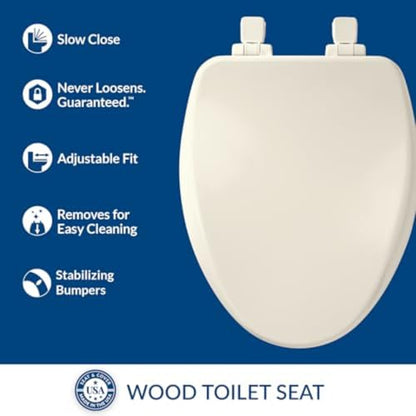 Bemis Alesio II Slow Close Toilet Seat, Easy Clean Hinges and Adjustable Perfect Fit Wood Seat, Made in USA, Elongated, Biscuit - color: Biscuit, size: Elongated