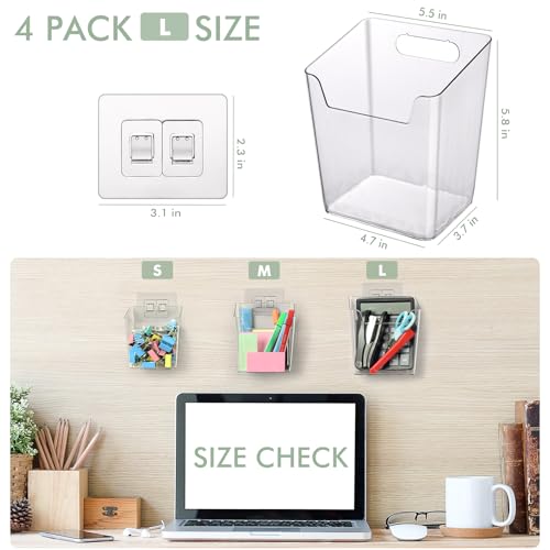 Clear Adhesive Wall Storage Bins, 4 Pack Cabinet Door Organizer Cups(Large) | Clear PET Hanging Wall Mount Pockets, Plastic Caddy for Shower Bathroom Makeup Office Craft Kitchen Sink RV Organization - size: Large