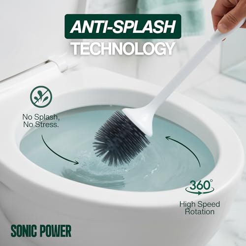 Electric Toilet Brush & Scrubber – Self Cleaning Silicone Toilet Bowl Brush with UVC Light, Rechargeable Wireless Spinning Toilet Brush & Holder Set, Wall Mount or Floor Standing (Pack of 1) | Spinning Toilet Bowl Brush & Holder with UV Sanitizing Light,