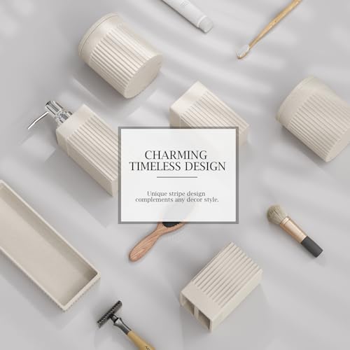 6-Piece Beige Bathroom Set - Sleek Resin Bathroom Accessories Set with Soap Dispenser, Toothbrush Holder, Vanity Tray, Tumbler & Apothecary Jars for Small Spaces - color: Beige