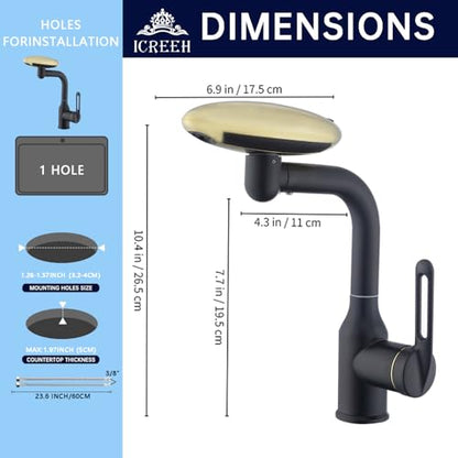 Single Hole Rotatable Bathroom Sink Faucet Black and Gold - 4 Water Modes Multifunctional Faucet with 360° Swivel, Extended Spout & Fountain Mode - color: Black and Gold