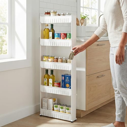 Lavish Home Slim Rolling Storage Cart, White, 21.5” x 5” x 52” - size: 5-Tier