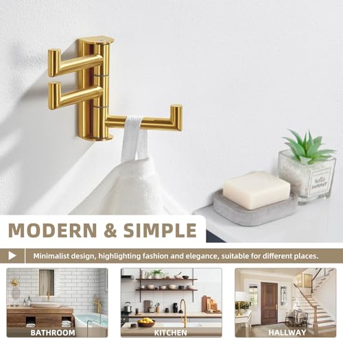 Suyar Brushed Gold Towel Hook, Bathroom Coat Robe Holder with 3 Swivel Arms | SUS304 Stainless Steel, Wall Mounted - color: Brushed Gold, size: 1 Pack