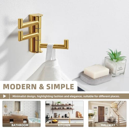 Suyar Brushed Gold Towel Hook, Bathroom Coat Robe Holder with 3 Swivel Arms | SUS304 Stainless Steel, Wall Mounted - color: Brushed Gold, size: 1 Pack