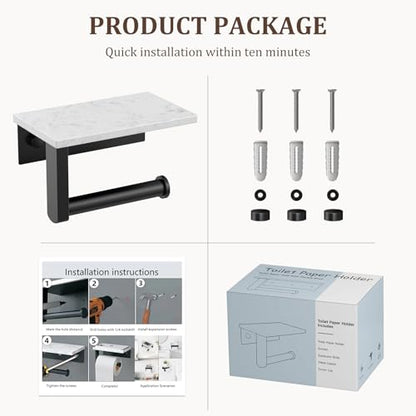 BWE Matte Black Toilet Paper Holder with Marble Shelf Wall Mounted | Toilet Paper Roll Holder with Phone Shelf 304 Stainless Steel Tissue Holder for Bathroom Washroom,Saving Space - color: Black