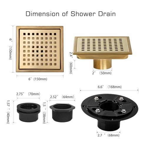 Square Shower Drain Gold Brushed 6 inch with Removable Grid Panel | AISI 304 Stainless Steel Shower Floor Drain with Detachable Hair Catcher Flange Lifting Hook Fits Bathroom Balcony Kitchen - color: Gold, size: 6 inch+Base