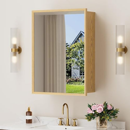 24x30 Inch Wood Medicine Cabinet with Mirror for Bathroom, Oak Finish | Recessed or Wall Mounted Cabinets, Adjustable Shelf, Soft-close Hinges, HD Reflection, Reversible Installation - size: 24x30