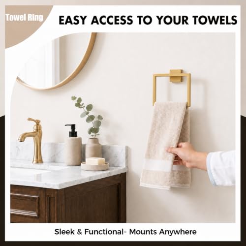 5-Piece Brushed Gold Bathroom Accessorys Stainless Steel Towel Bar Set | Square Wall Mounted Towel Rack with Toilet Paper Holder Towel Ring and Hook for Bathroom Outdoor Shower - color: Brushed Gold