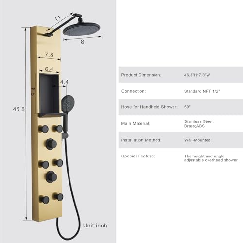 POPFLY Shower Panel Tower System with Shelf, Adjustable Shower Arm Height 8-inch Rainfall Head System, Stainless Steel Shower Panel, 6 Body Jets and 5-Setting Handheld Shower, Brushed Gold - color: 6 Jets with Shelf-Brushed Gold