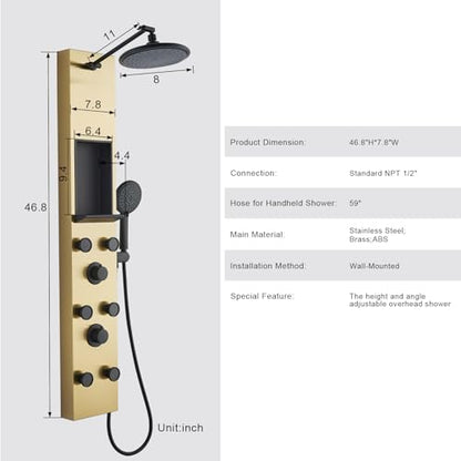 POPFLY Shower Panel Tower System with Shelf, Adjustable Shower Arm Height 8-inch Rainfall Head System, Stainless Steel Shower Panel, 6 Body Jets and 5-Setting Handheld Shower, Brushed Gold - color: 6 Jets with Shelf-Brushed Gold