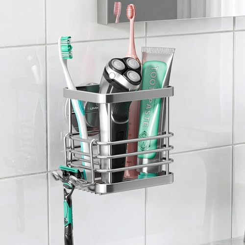 Powerful Suction Cup Stainless Steel Toothbrush Holders, Silver | Removable Shower Tooth brush and Toothpaste Holder, Strong Suction Up to 11lbs, Anti-Puddling ,No Drill Bathroom Organizer - color: Silver
