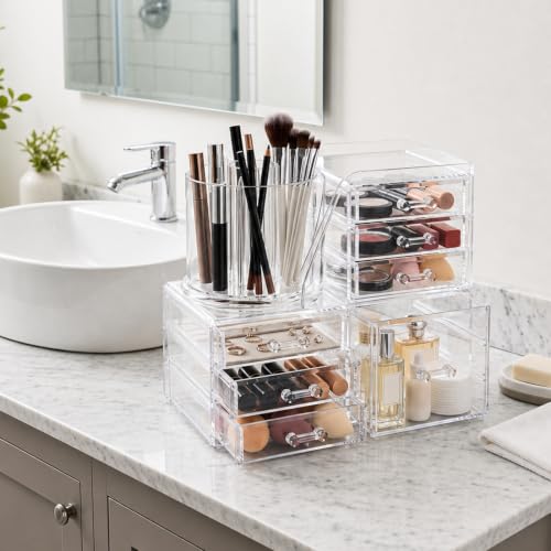 2-Tier Acrylic Makeup Organizer, 360° Rotating Brush Holder & 7 Drawers | Stackable Design; 7 Detachable Drawers; Crystal Clear Display; Space-Saving Countertop Caddy for Vanity, Bedroom & Bathroom - size: 2 Tier-7 Drawers