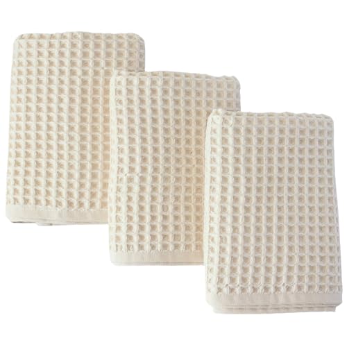 PÜSKÜL Organic Waffle Kitchen Towel Pure 100% Turkish Cotton Set of 3 Natural Raw-Undyed Towel - Premium Quality Soft Quick-Dry Absorbent Lint-Free Hand & Dish Towels Large 32X16 (3, Natural Beige) - color: Natural Beige