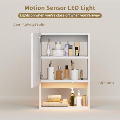 Wall Mounted Storage Cabinet with LED Light, Bathroom Over Toilet Organizer | White Waterproof Cabinets With Adjustable Shelves, Soft Close, For Bathroom Kitchen Medicine Small Spaces, Easy to Assemble - color: White