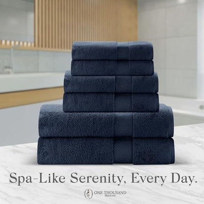 Premium Staple Cotton Bathroom Towel Set - Navy 600 GSM 6-Piece Luxury Bath Towel Set 1 Stripe - 2 Bath Towels, 2 Hand Towels & 2 Washclothes Set - High Absorbent & Quick Dry for Gym, Spa, Hotel - color: Navy - 1 Stripe