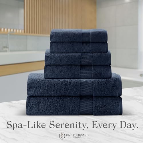 Premium Staple Cotton Bathroom Towel Set - Navy 600 GSM 6-Piece Luxury Bath Towel Set 1 Stripe - 2 Bath Towels, 2 Hand Towels & 2 Washclothes Set - High Absorbent & Quick Dry for Gym, Spa, Hotel - color: Navy - 1 Stripe