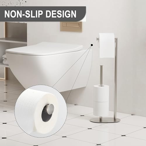 Brushed Nickel Freestanding Toilet Paper Holder with Reserve for Bathroom with Weighted Base, Modern Tissue Roll Holder Stand - color: Brushed Nickel