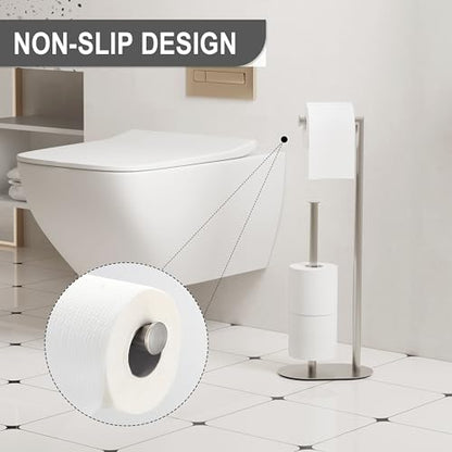 Brushed Nickel Freestanding Toilet Paper Holder with Reserve for Bathroom with Weighted Base, Modern Tissue Roll Holder Stand - color: Brushed Nickel