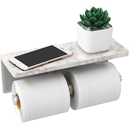 Gypie Toilet Paper Holder with Marble Shelf, Double Brushed Nickel | Stainless Steel Tissue Roll Paper Holder Wall Mount for Bathroom Washroom - color: Brushed Nickel Double