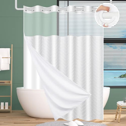 FADOTY White No Hook Shower Curtain Set with Snap in Liner, 71'' x 74'' | Bathroom Hotel Fabric Curtain, Waterproof Washable Liner, See Through Top Window, Ringless Chevron Tufted Cloth Curtain - color: White, size: 71"W x 74"L (Pack of 1)