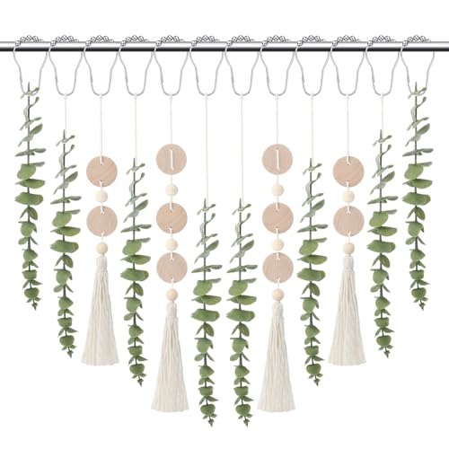 Set of 12 Boho Eucalyptus Shower Curtain Hooks Rings Rustic Farmhouse Decor Rustproof Metal Decorative Hanger Set for Home Bathroom Bedroom Baby Room Curtain Decor - style: Woodchip