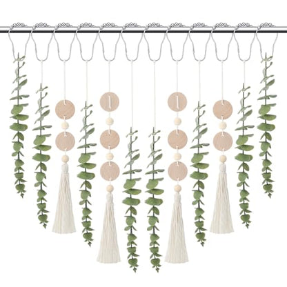 Set of 12 Boho Eucalyptus Shower Curtain Hooks Rings Rustic Farmhouse Decor Rustproof Metal Decorative Hanger Set for Home Bathroom Bedroom Baby Room Curtain Decor - style: Woodchip