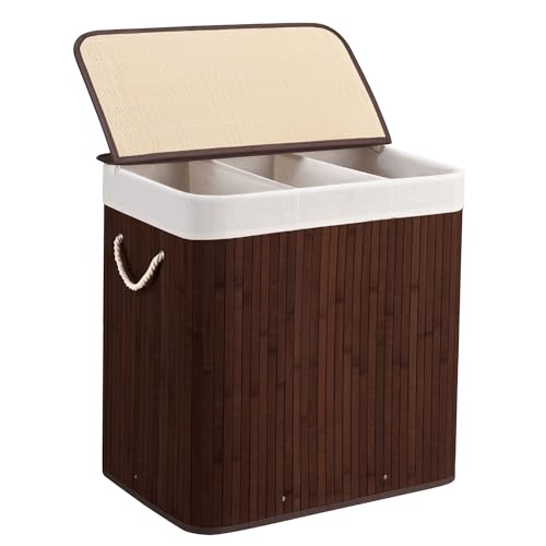Aliphon 150L Laundry Hamper with lid, 3-Section Clothes Laundry Basket with Handles, Large Collapsible Bamboo Baskets for Bedroom, Bathroom, Dorm, Brown - color: Chestnut Brown, size: 150L