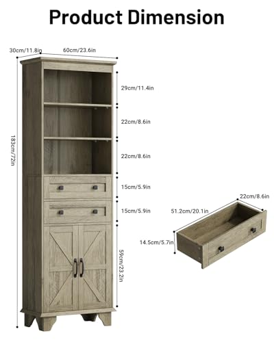 72" Farmhouse Storage Cabinet, Tall Bathroom Cabinet with 2 Drawers, Adjustable Shelves and Barn Door, Freestanding Cabinets for Bathroom, Living Room, Kitchen, Grey - color: Grey
