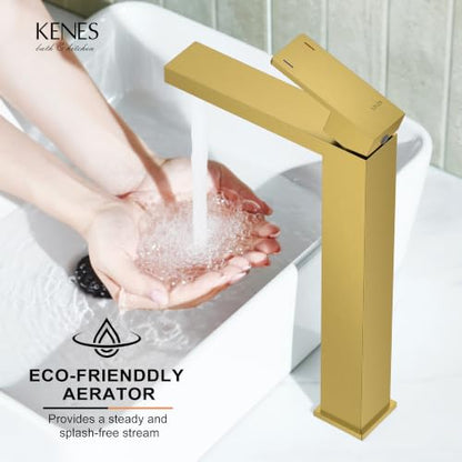 Brushed Gold Vessel Sink Faucet Single Hole Tall Bathroom Sink Faucet | Vessel Bowl Faucet with Pop Up Drain & Supply Lines, Lead-Free cUPC & NSF Certified, 1 Hole Faucet for Vanity RV Restroom - color: Gold, size: Tall