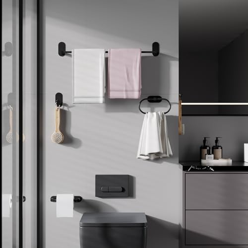 Adhesive Towel Holder for Bathroom Matte Black No Drill Hand Towel Ring Stainless Steel and Zinc Alloy Self Adhesive Towel Hanger for Bath, Kitchen - color: Matte Black