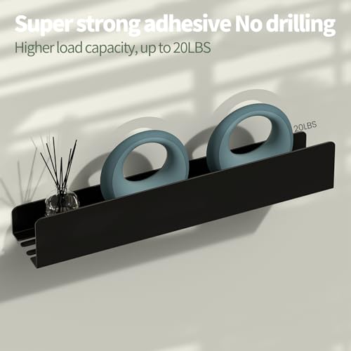 REKITA No Drill Shower Shelf Organizer, 40cm Stainless Steel Bathroom Storage with 4 Removable Hooks, Adhesive Wall Mounted Shower Caddy, Rustproof Bath Shelf for Bathroom Kitchen Living Room - color: Black