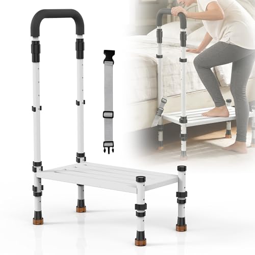 Medical Step Stool, Wide Platform, Adjustable Handrail & Legs | Adjustable handrail(32.5”-40.4”) & sturdy steel frame. 800 lb capacity. Use on bed, car SUV & bathroom. Safe for seniors. - color: Classic White