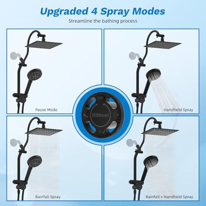 Hibbent High Pressue All Metal 8" Rainfall Shower Head, Handheld 10-Spray | cUPC Certified Matte Black Dual Showerhead Combo, 4-way Diverter with Pause Mode, Brass Extension Arm, 71'' Hose & Holder - color: Matte Black, style: Square 8"