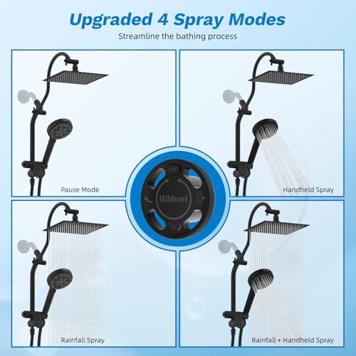 Hibbent High Pressue All Metal 8" Rainfall Shower Head, Handheld 10-Spray | cUPC Certified Matte Black Dual Showerhead Combo, 4-way Diverter with Pause Mode, Brass Extension Arm, 71'' Hose & Holder - color: Matte Black, style: Square 8"