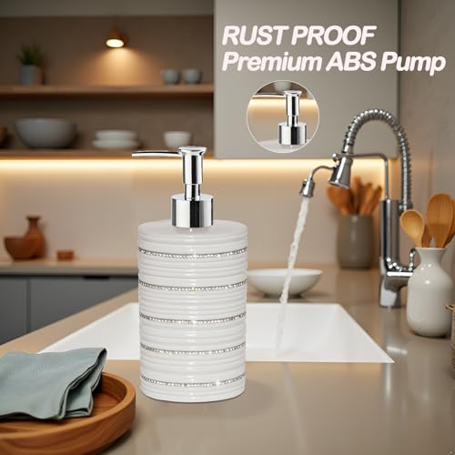 White Ceramic Soap Dispenser with Silver Pump for Bathroom, Refillable Liquid Hand Soap Dispenser, Bling Moissanite Design for Kitchen Dish Soap, Hand Soap, Pump Bottle for Liquid