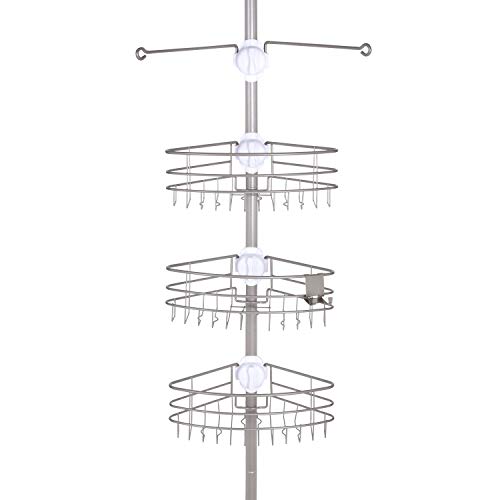 Kenney KN614128 Easy Slide Adjustable Height (6' 9"-9') Spring Tension Metal Corner Pole Shower Caddy with 3 Adjustable Rust-Resistant Basket Shelves, Towel Bars, and Razor Holders, Brushed Nickel
