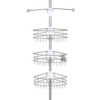 Kenney KN614128 Easy Slide Adjustable Height (6' 9"-9') Spring Tension Metal Corner Pole Shower Caddy with 3 Adjustable Rust-Resistant Basket Shelves, Towel Bars, and Razor Holders, Brushed Nickel