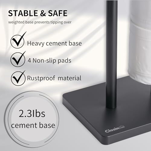 Clasin Home Black Toilet Paper Holder Stand with Metal Top Shelf, Free Standing Bathroom Tissue Roll Holder with Weighted Base and Storage for 4 Rolls - color: Black