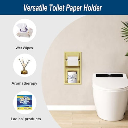 Neodrain Gold Recessed Toilet Paper Holder,Dual Rolls | 304 Stainless Steel,Rustproof & Durable,Space-saving,Recessed double roll tissue holder for Bathroom & RV - color: Gold, size: 6X12In