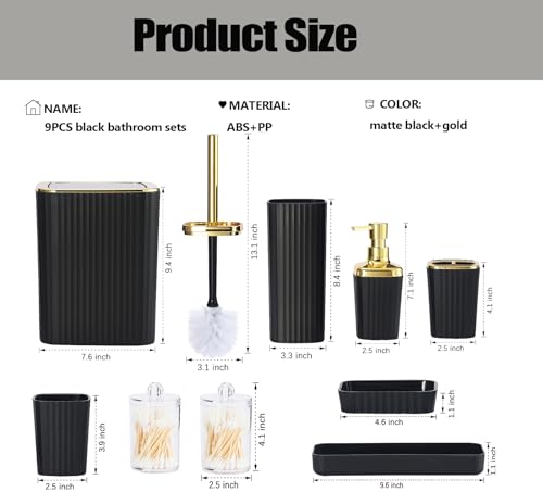 9 PCS Black Bathroom Accessories Set with Trash Can Bathroom Accessory | All-in-One Kit with Trash Can,Toothbrush Holder,Soap Dispenser,Toothbrush Cup,Vanity Tray,Soap Dish,Toilet Brush etc for Home - color: Black