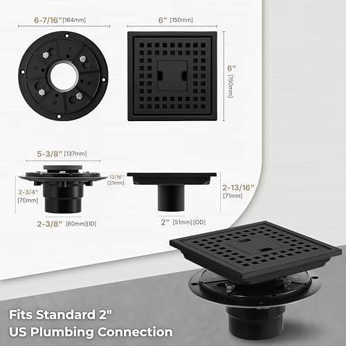 6 Inch Matte Black Square Shower Drain Kit with Lift-Out Hair Catcher, 304 Stainless Steel Shower Floor Drain with ABS Flange, for Bathroom