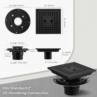 6 Inch Matte Black Square Shower Drain Kit with Lift-Out Hair Catcher, 304 Stainless Steel Shower Floor Drain with ABS Flange, for Bathroom