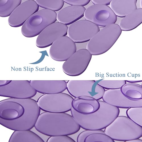 Webos Bath Shower Mat Non Slip: Extra Large Pebble Bathtub mat for Families, Anti Slip Shower Matt with Drain Holes Suction Cups Tub Mat - 16 X 40 Inch Clear Purple - color: Pebble Clear Purple