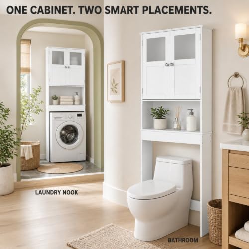 Bonnlo Over the Toilet Storage Cabinet with Adjustable Shelf White Bathroom Floor Organizer Space Saver with Double Doors, 67" Height