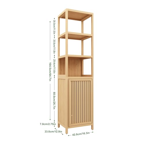 Storage Tall Cabinet with Shutter Door and 3 Tier Shelves, Freestanding Linen Tower Cabinet for Living Room, Kitchen, Bathroom Organizer, Natural
