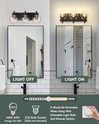 Bathroom Light Fixtures, 3-Light Matte Black Vanity Light, Modern Wall Sconces with Clear Glass Globe Shade, Bathroom Wall Lights for Mirror Kitchen Bedroom Hallway, VL195-MB-3 | 18" modern bathroom light fixtures over mirror, E26 base, bulbs not included