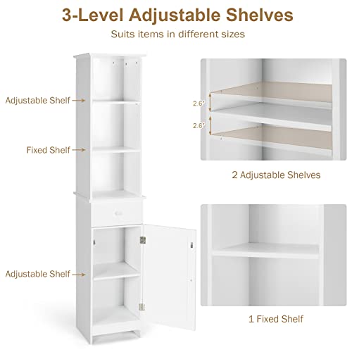 Tangkula Tall Bathroom Cabinet, Slim Storage Cabinet with 3 Tier Shelf, Drawer & Enclosed Narrow Floor Linen Tower Adjustable Shelves for Living Room, 13.5 x 12 64.5 Inches White