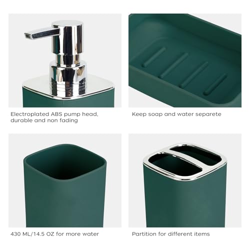 4Pcs Dark Green Bathroom Set, Square Boho Soap & Toothbrush Holder Set | Thick shatterproof ABS, electroplated rust-proof pump, drip-free, multi-slot holder, dustproof lids, easy-clean - color: Dark Green, size: 4PCS