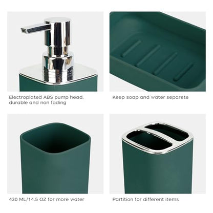 4Pcs Dark Green Bathroom Set, Square Boho Soap & Toothbrush Holder Set | Thick shatterproof ABS, electroplated rust-proof pump, drip-free, multi-slot holder, dustproof lids, easy-clean - color: Dark Green, size: 4PCS